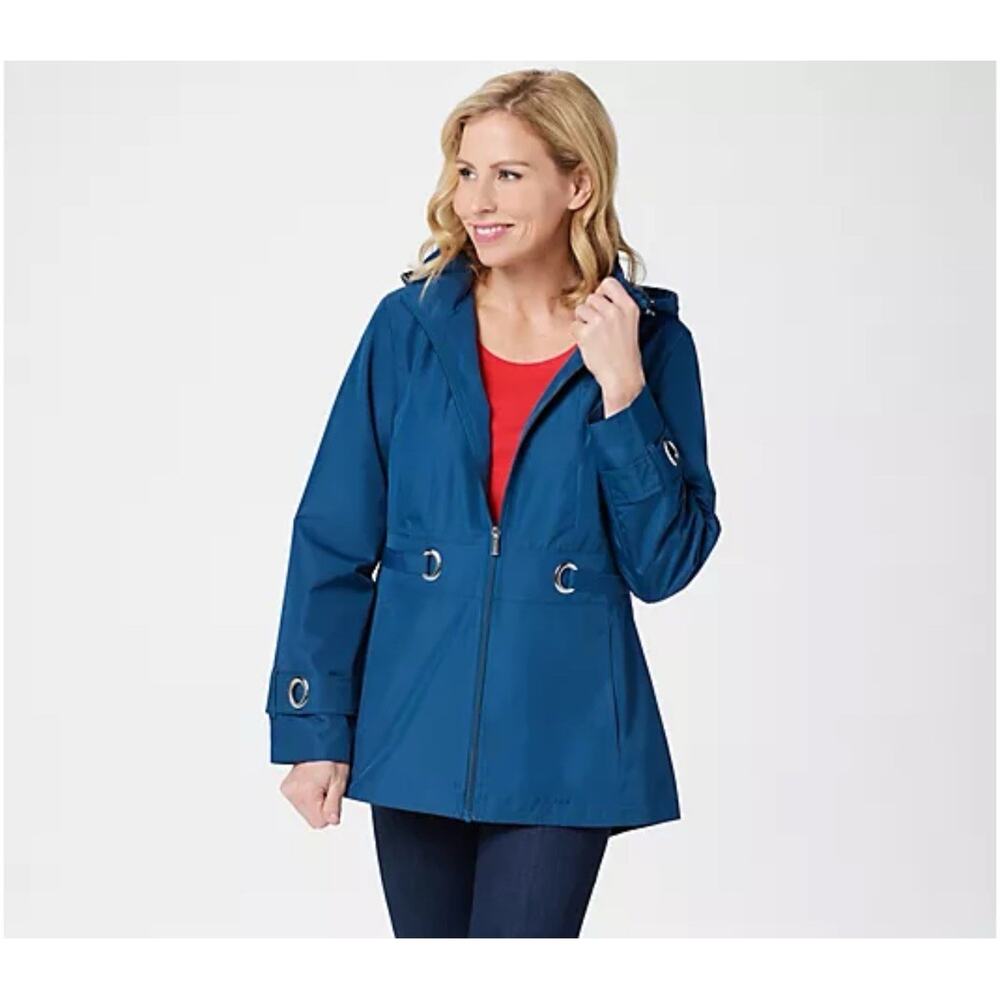 Susan Graver Women’s Jacket Water Resistant Zip-Front Grommet Trim Blue Size M
